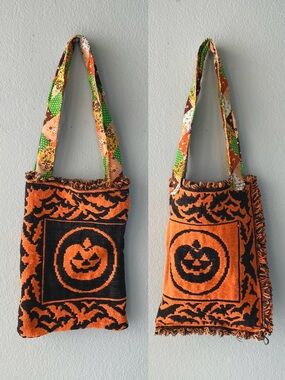 Handcrafted | Upcycled Halloween Bats Pumpkins Reversible Tapestry Shoulder Bag